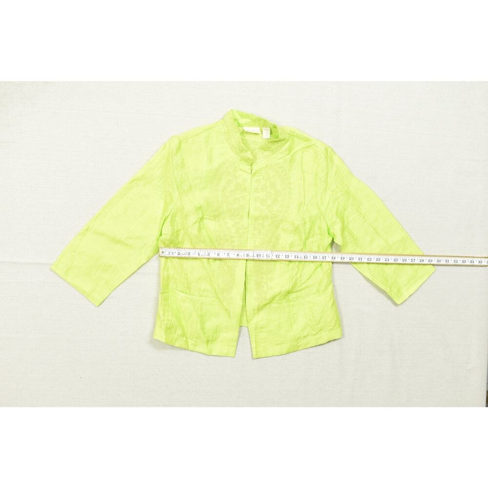 Chico's Lime Green Linen Blend Embroidered Open Front Lightweight Jacket Size 1 - Picture 3 of 8